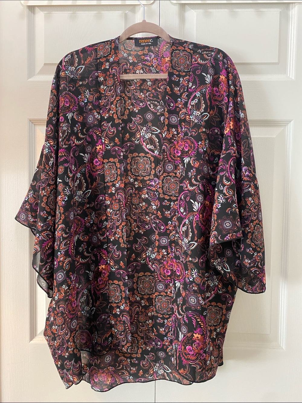 Renee C. Sheer Paisley Kimono in Black, Purple & Orange - Made in the U.S.A.